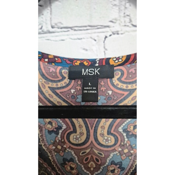 MSK Womens Southwest Paisley Boho Shift Dress Blue Red Bell Sleeve Lace Trim L - Picture 4 of 7